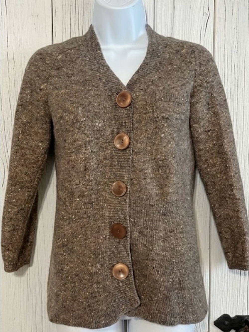 Talbots Vintage Merino Wool Tweed Cardigan Sweater Small Italy Brown V Neck